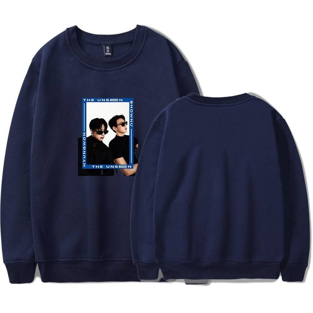 High quality navy blue sweatshirt with a printed design of two individuals wearing sunglasses, promoting affordable and durable merchandise.