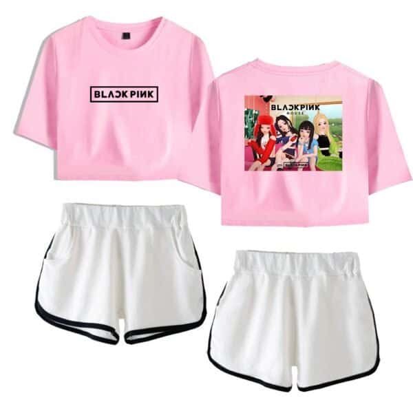Pink BLACKPINK merchandise t-shirt and shorts set, affordable high quality fan apparel, stylish and comfortable for BLACKPINK fans.