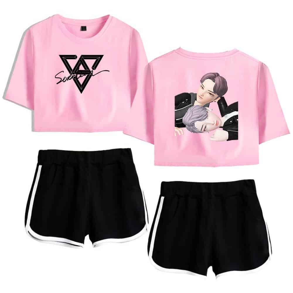Pink cropped t-shirts with graphic designs, casual black shorts with white trim, stylish, affordable, high-quality merchandise for fans and fashion enthusiasts seeking cheap yet durable clothing options.
