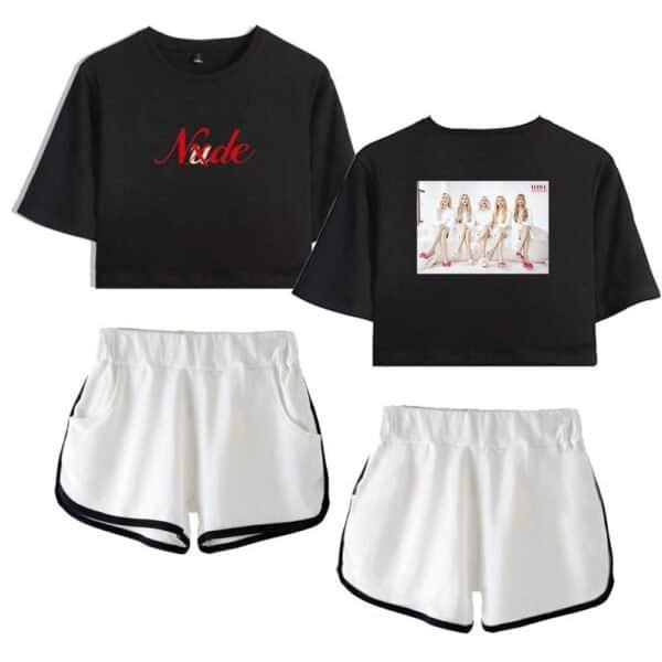 Black cropped t-shirt with red "Nxde" text; white athletic shorts with black trim, casual and comfortable; trendy merchandise with high-quality print for fans and fashion enthusiasts.