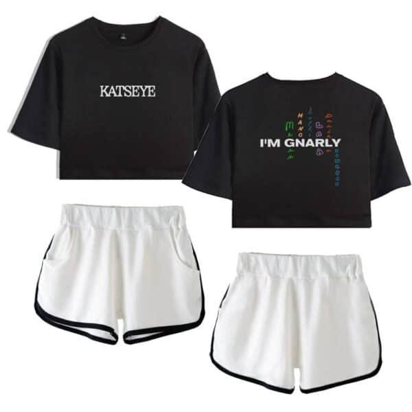 KATSEYE crop top and shorts set, affordable and high-quality casual wear for women. Stylish, comfortable, and perfect for leisure activities or workouts.