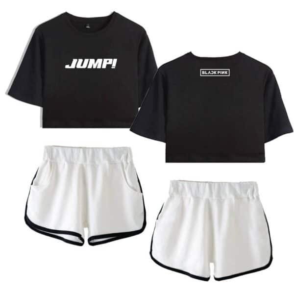 Jump black cropped T-shirt with bold white text, front view.