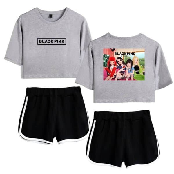 Black pink graphic sweatshirt and shorts set for women, casual sporty matching outfit, affordable high-quality merchandise suitable for fans and streetwear enthusiasts, trendy and comfortable style.