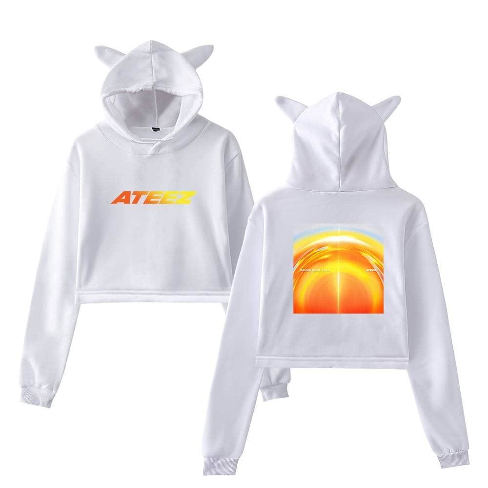 ATEEZ hoodie set with cute animal ears, featuring vibrant graphic designs, perfect for fans seeking affordable, high-quality merch. Stylish, comfortable, and trendy for everyday wear.