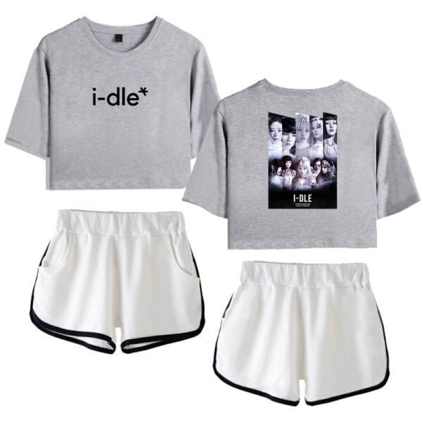 I-dle gray cropped sweatshirt with black text, casual style, for K-pop fans.
