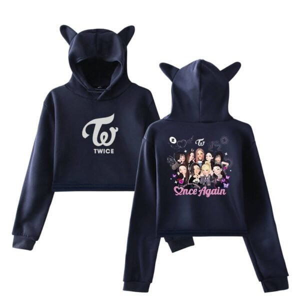 Cute black TWICE hoodie set with ears, featuring high-quality fabric and affordable prices, perfect for fans.