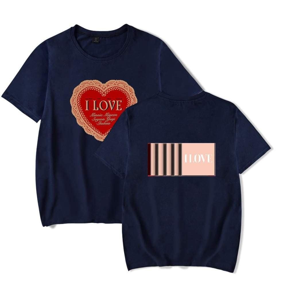 I LOVE heart-shaped design t-shirt with "I LOVE" text and names, perfect for inexpensive, high-quality merchandise.