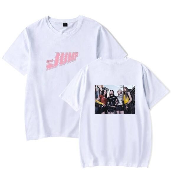 Nike graphic t-shirt with a stylish pink logo and a printed photo of a girl group on the back, made from affordable high-quality materials.