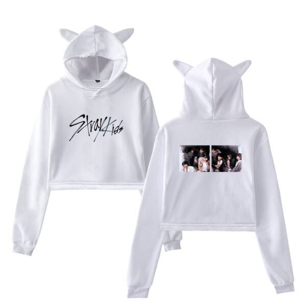 Comfortable white hoodie set with playful cat ear hood and trendy graphic print on front and back, perfect for casual wear and street style.