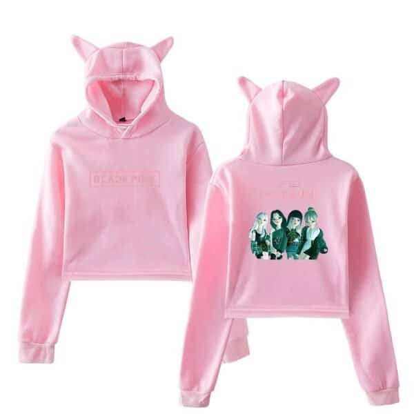 Pink hoodie with cat ears and "BLACKPINK" logo, featuring the group's illustrated members on the back, made from soft, high-quality material at an affordable price.