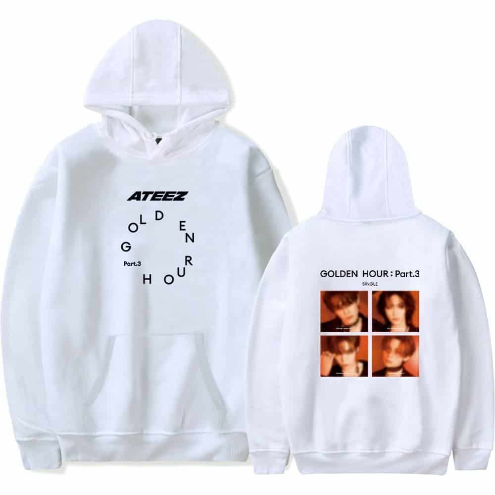 Dirty white hoodie with black text and images, featuring popular K-pop group ATEEZ merchandise, ideal for fans seeking affordable, high-quality apparel. Perfect for casual wear or concerts.