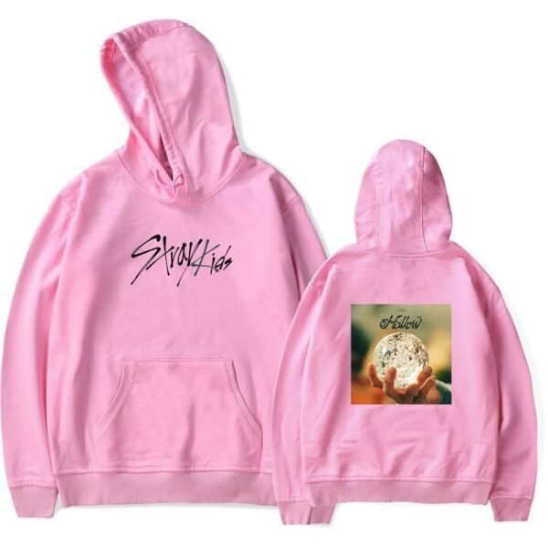 Women's pink hoodie with "Skrt Kids" text on front and "Hallow" graphic with a moon image on back, made of affordable, high-quality material. perfect for casual wear and budget-friendly fashion.