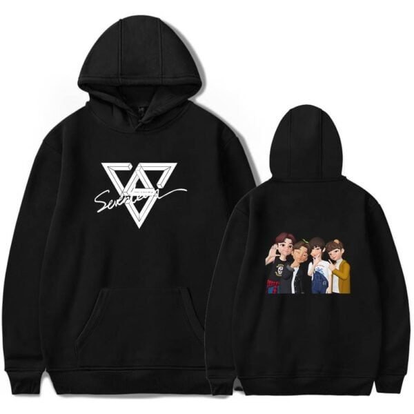 Logo geometric triangle hoodie with "Seventeen" text, popular high-quality sweatshirt with cartoon band members print, affordable and durable apparel for fans and everyday wear.