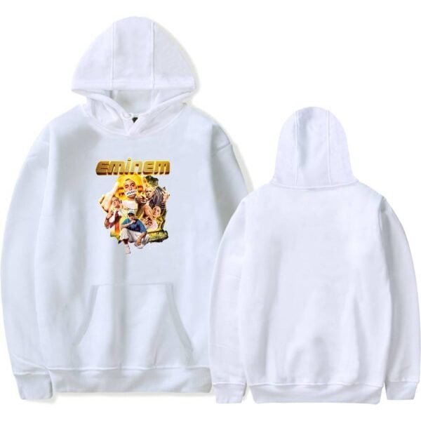 High quality white hoodie featuring Eminem graphic print, perfect for casual wear and concerts. Affordable, stylish, and comfortable merchandise for fans.