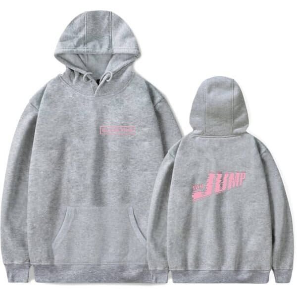 Soft gray hoodie with trendy pink "Jump" logo on the back, offering affordable, high-quality merch suitable for everyday wear. Perfect for casual fashion and streetwear enthusiasts.