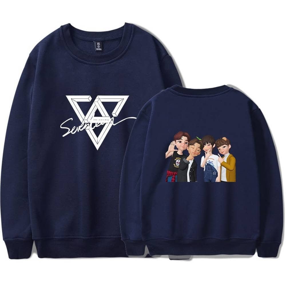 High-quality navy blue sweatshirts with unique designs featuring a geometric logo and cartoon characters, perfect for affordable, stylish merchandise.