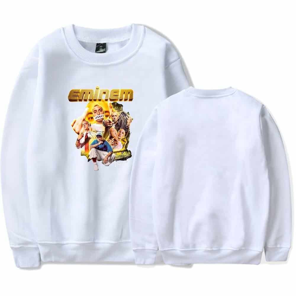Emineg merchandise featuring a popular music group's graphic design, showcasing a high-quality custom sweatshirt. Affordable, stylish, and durable for fans and casual wearers alike.