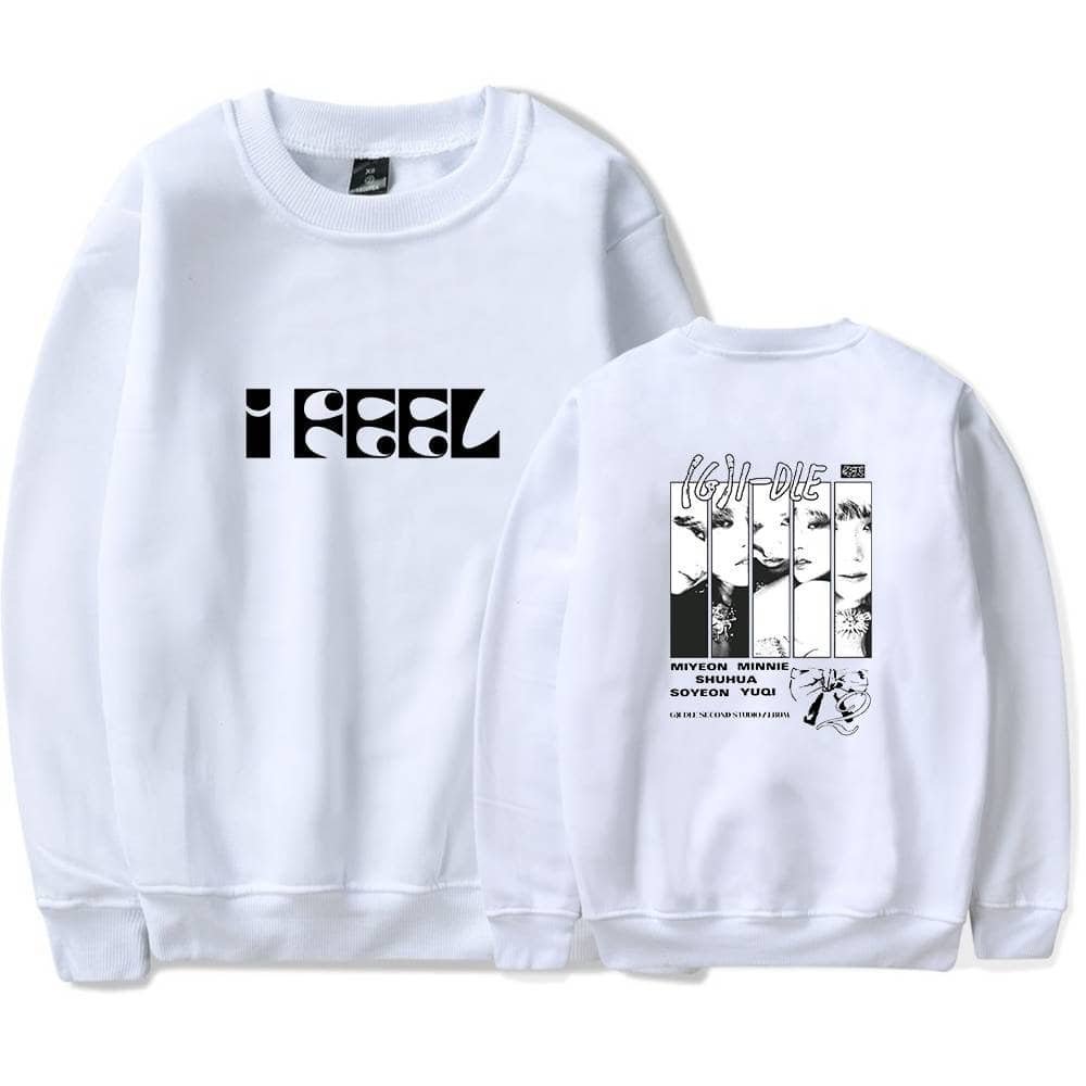 High-quality white sweatshirt with bold "FEEL" print on the front and artistic graphic design on the back, combining affordable price with stylish design.