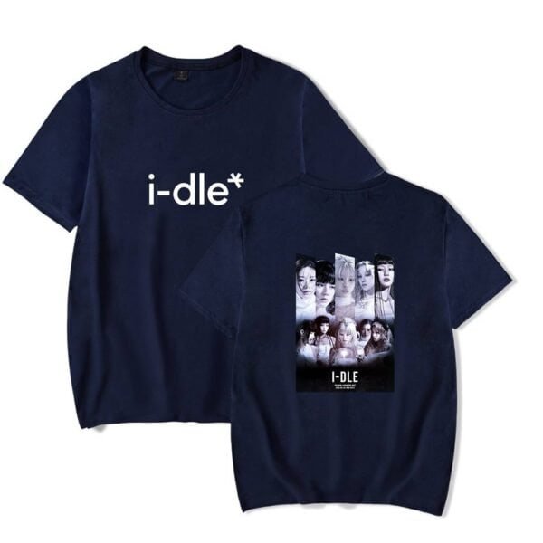 I-dle band t-shirt, navy blue, casual high quality merch, featuring group photos and logo.