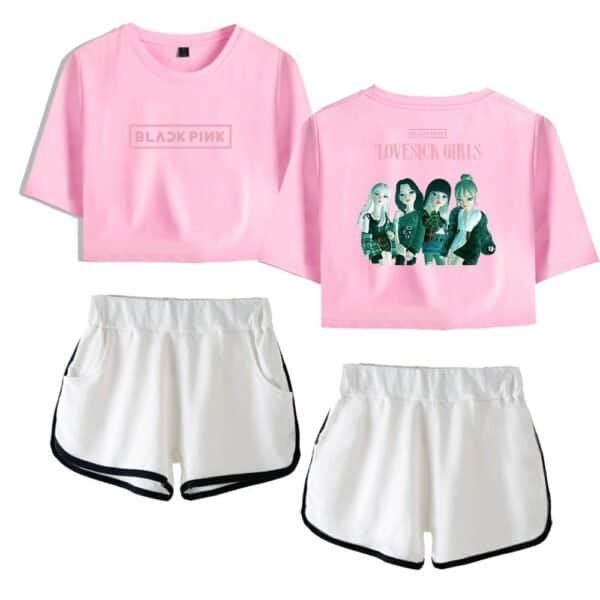 Pink BLACKPINK and LOVESICK GIRLS crop tops and white athletic shorts set, affordable high-quality merchandise for fans, trendy and comfortable casual clothing, perfect for concerts or everyday wear.