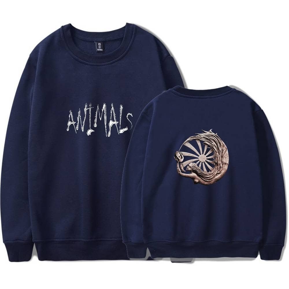 Cheap high quality merch, stylish dark blue sweatshirts with unique animal-themed designs.