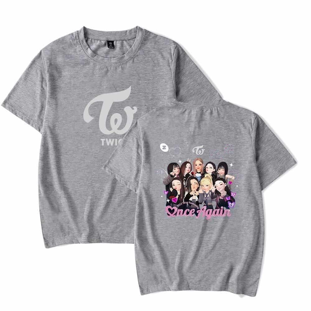 Grey TWICE girl group graphic t-shirt, affordable quality merchandise featuring cartoon-style illustrations and "Dance Again" text for fans.