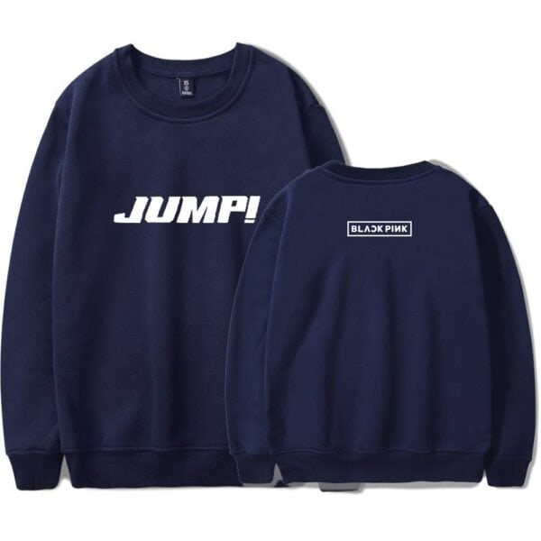 Jump-themed navy sweatshirt with bold white text on the front and Blackpink logo on the back, stylish and affordable high-quality merch.