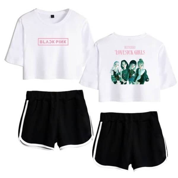Black pink band t-shirt paired with casual black shorts with white stripes, showcasing stylish and affordable high-quality merchandise for fans.