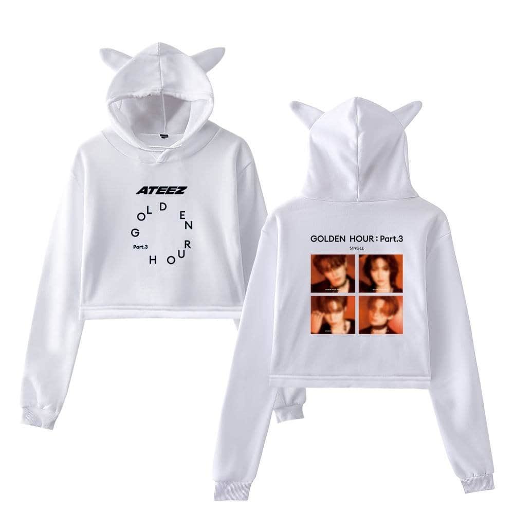 White hoodie with cat ears, gold hour design and printed photos, trendy and affordable high-quality merch for fans and streetwear enthusiasts.