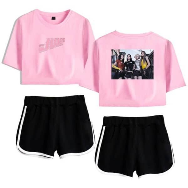 Pink crop top with graphic print and photo back design, casual black shorts with white piping, stylish and affordable high-quality merchandise, trendy team apparel for everyday wear, perfect for fans seeking inexpensive stylish clothing.