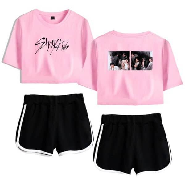 Street kids pink cropped t-shirt with group photo, casual and trendy streetwear style, high-quality inexpensive merchandise.
