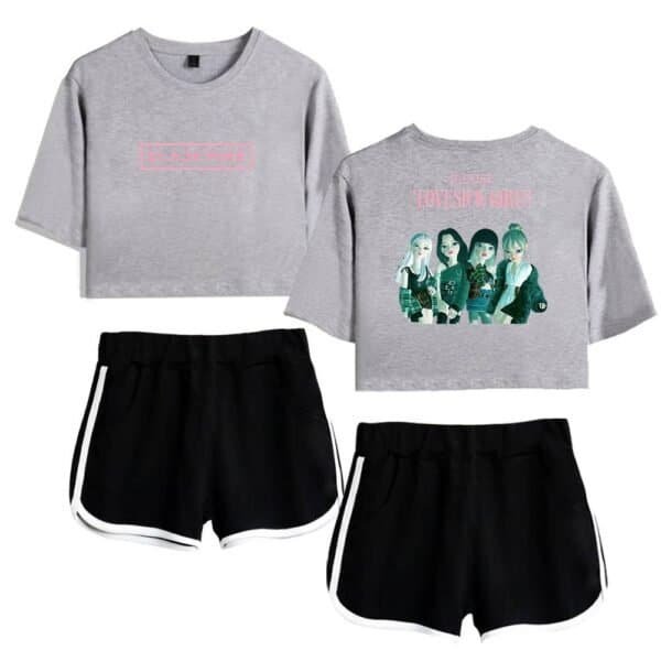 Soft gray cropped sweatshirt featuring a pink "BLACKPINK" logo on the front. Back design showcases illustrated members of BLACKPINK with pink text. Black athletic shorts with white side stripes, elastic waist, lightweight and comfortable.