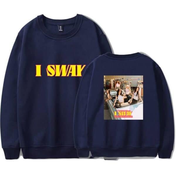 I Swag sweatshirt with bold yellow and red text, featuring a group of stylish women on the back in a retro setting, perfect for cheap high-quality merch.