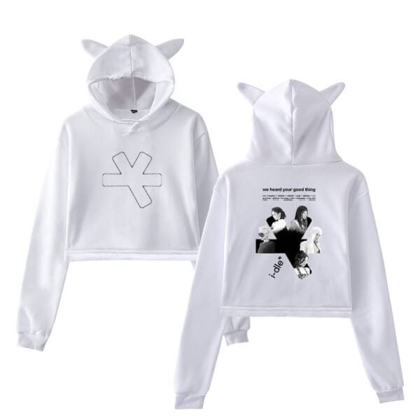 High quality white hoodie with a cute animal-ear hood and stylish printed design, perfect for casual wear. Affordable prices for trendy, durable merchandise.