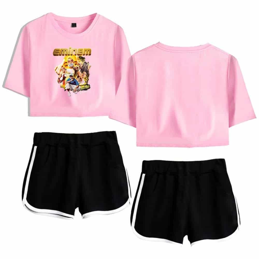 Emo rap T-shirt with Eminem graphic print and black athletic shorts with white piping, affordable and high-quality casual merchandise.