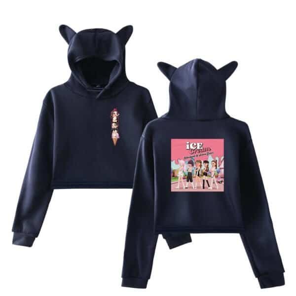 Premium quality black hoodies with cute ice cream graphic and stylish cartoon print, featuring playful animal ears on the hood, perfect for trendy, affordable streetwear.