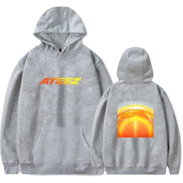 Ateez hoodie with colorful logo front and vibrant sunset design back, affordable high-quality merch, perfect for fans and casual wear, combining style and comfort in one piece.