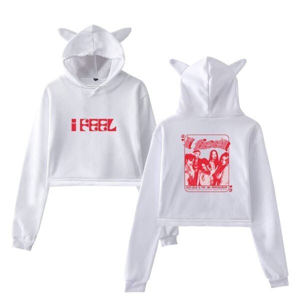 Cheap high quality merch, white hoodie with "I FEEL" printed in red on the front and a graphic design with women on the back, featuring a playful and trendy aesthetic. Perfect for fans of stylish, affordable streetwear.