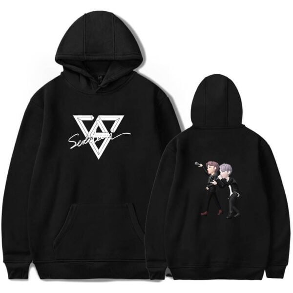 Sweater with a geometric triangle logo on the front and cartoon characters on the back, made of affordable high-quality material.
