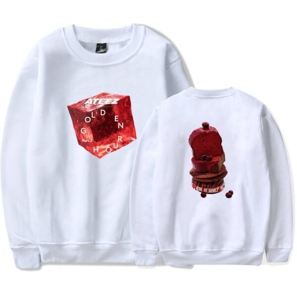 Red cube graphic sweatshirt with "ATEEZ OLDEN HOUSE" text on front, and a dessert-themed graphic on back, in white, high-quality, affordable merch.