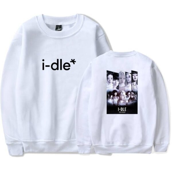 Premium quality streetwear sweatshirt with bold "i-dle" logo on front and a striking graphic print of a girl group on the back, perfect for fans and casual wear.