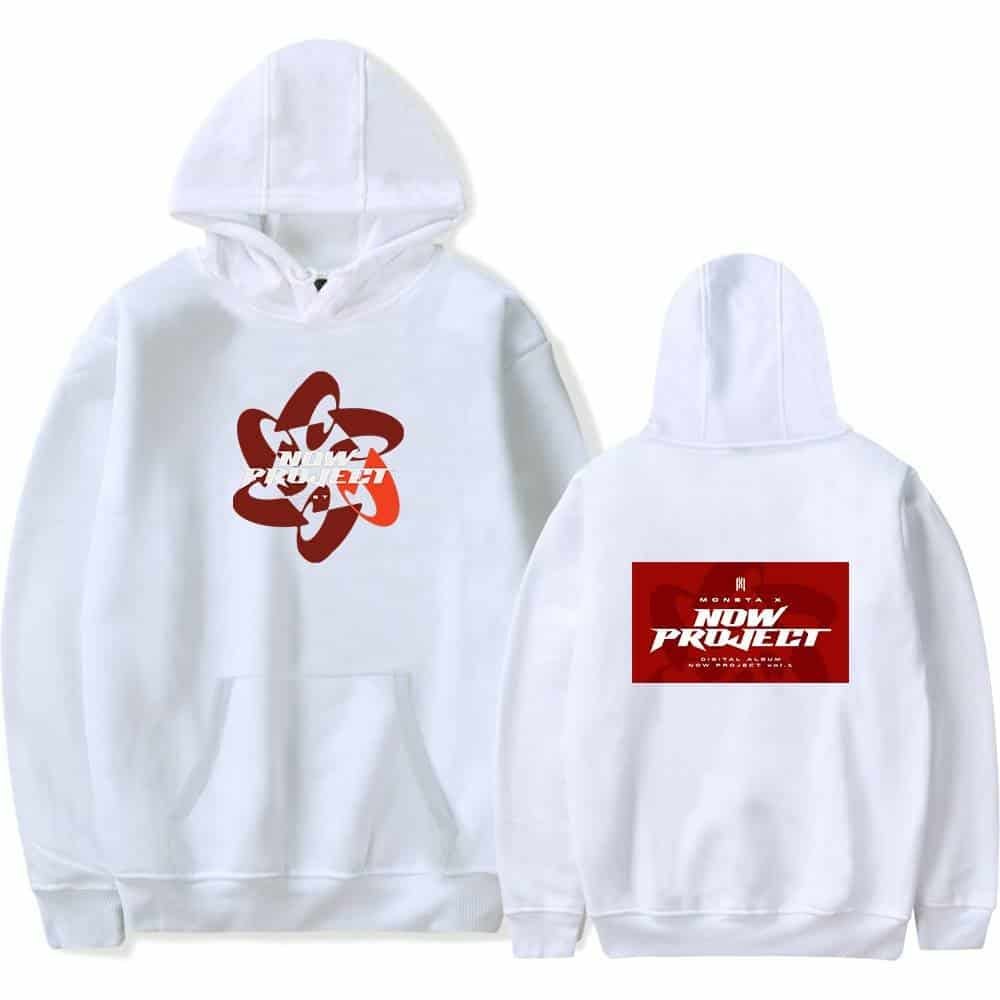 High-quality white hoodie with a stylish graphic design on the front and bold "Now Project" logo on the back, perfect for affordable streetwear.