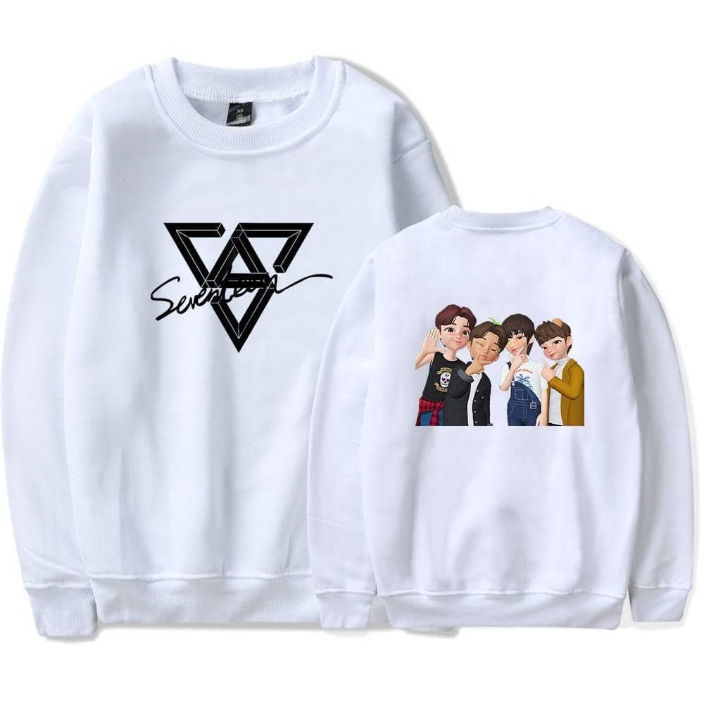 White crewneck sweatshirt with printed graphic design of a group of animated girls and logo, high quality, inexpensive, trendy merch.