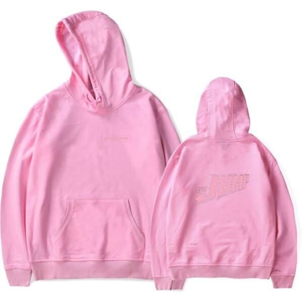 Front, pink hoodie with subtle logo, high-quality material, stylish and comfortable, perfect for casual wear.
