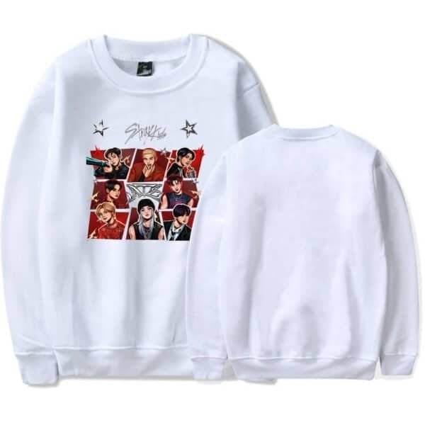 White sweatshirt featuring a colorful graphic print of animated characters, perfect for fans. Made from high-quality and affordable materials, combining style and comfort in one.