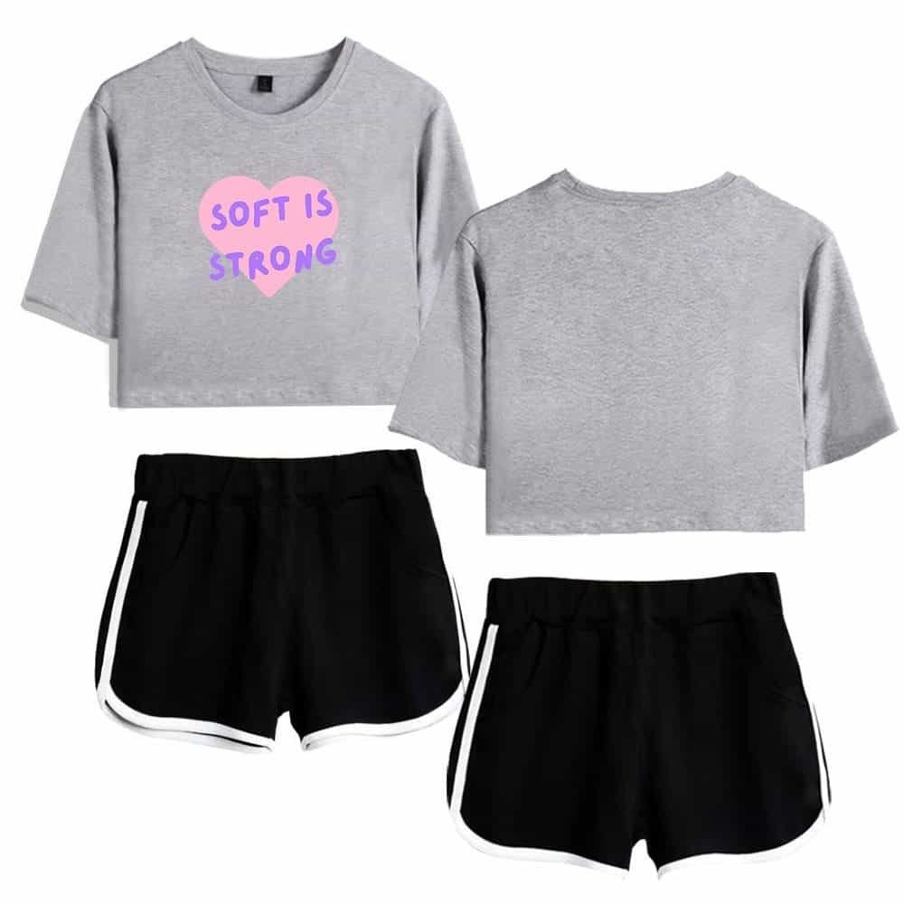 Comfortable casual matching athletic set for women with trendy shorts and graphic cropped t-shirts, ideal for affordable high-quality merchandise.