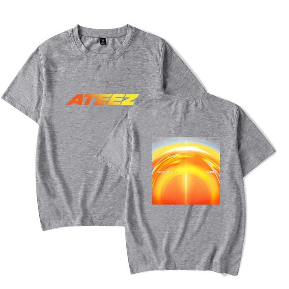 Ateez grey graphic t-shirt with bold logo and vibrant sun graphic, perfect for fans seeking affordable, high-quality merchandise. Stylish, comfortable, and budget-friendly apparel for music enthusiasts.