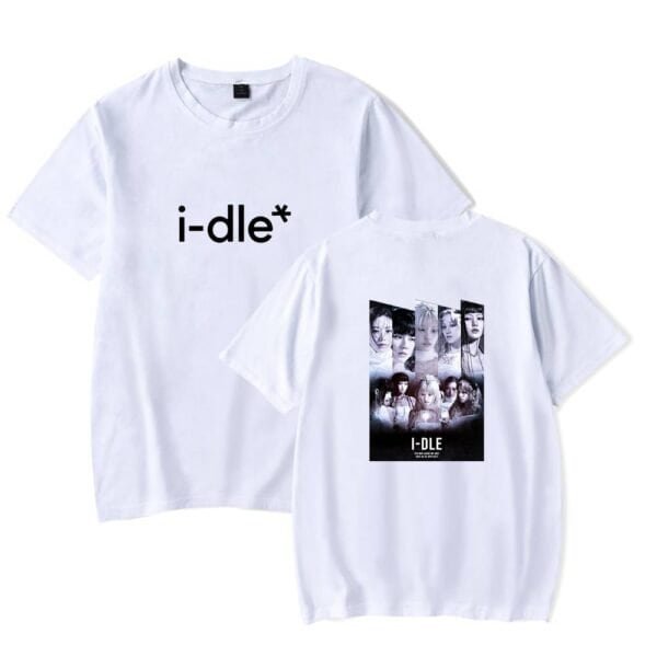 I-dle white graphic T-shirt, stylish and affordable high-quality merchandise for K-pop fans.