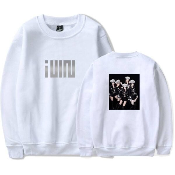 Iuni white sweatshirt with a minimalistic logo on the front and a group photo on the back, made of high-quality comfortable fabric, stylish and affordable merch for fans and casual wear.