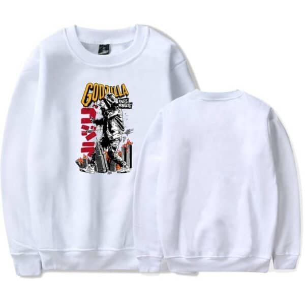High quality inexpensive graphic sweatshirt featuring Godzilla and cityscape design.